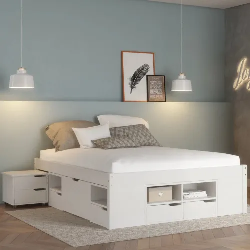 Cama Madera Maciza Con Cajones - 2 Plazas - Blanco - Dormitorio, Uruguay | Ecowood