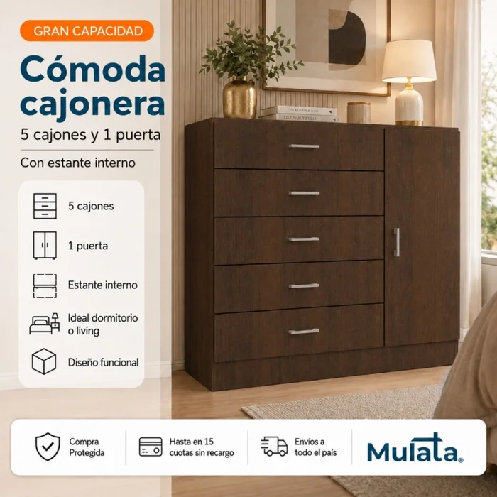 Comoda Cajonera para Dormitorio de 5 Cajones 1 Puerta y 1 Estante interno - FE - Marron en Marrón - Cómodas, Uruguay | Mulata, vista 2