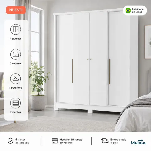 Ropero Armario Monaco 4 Puertas 2 Cajones 1 Perchero y Estantería - Blanco - Roperos y placares, Uruguay | Mulata