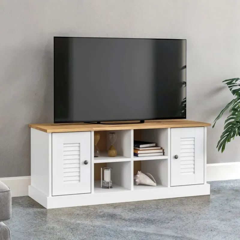 Rack de tv 2 Puertas 2 Estantes Linea Valenciana Blanco en Blanco - Muebles para TV, Uruguay | Rústico Hogar
