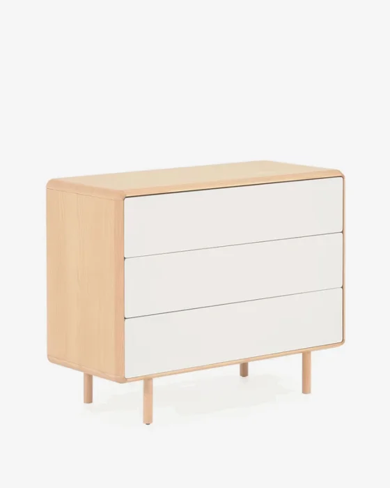Cómoda Anielle de 3 cajones de madera maciza y chapa de fresno 99 x 78,5 cm en Blanco - Cómodas, Uruguay | Kavehome