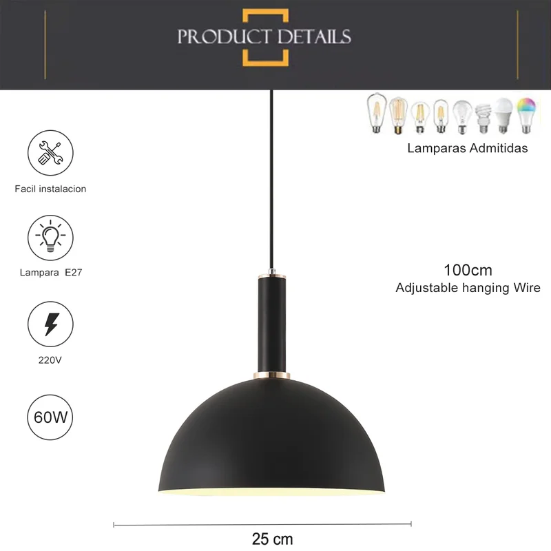 Luminaria lampara colgante 25cm Negro en Negro - Lámparas colgantes, Uruguay | Decotech, vista 3
