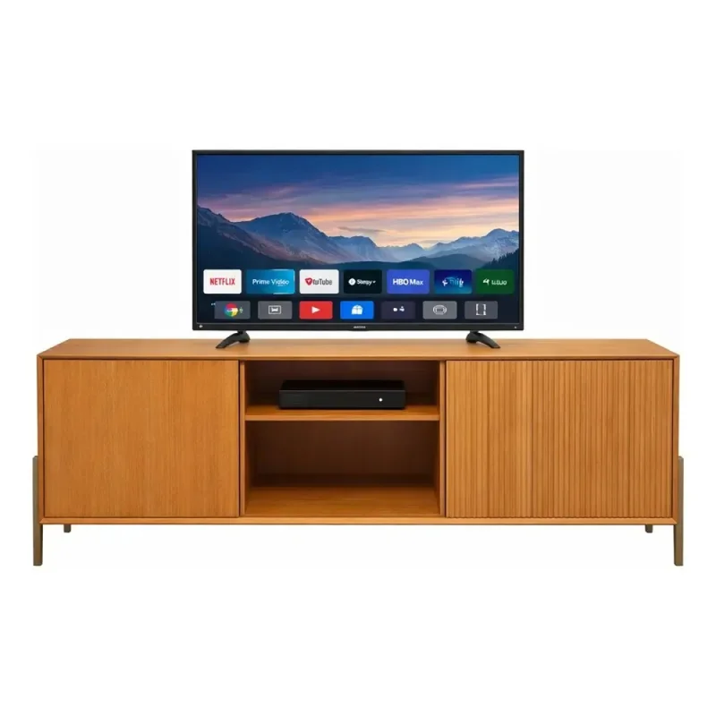 Rack de madera con 2 puertas, estantes y patas de metal. en Madera natural - Muebles para TV, Uruguay | Champagne Home, vista 3