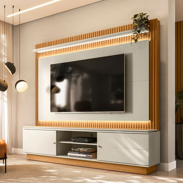Rack con Panel Guararapes 215cm con kit Led MDF/MDP en Blanco - Muebles para TV, Uruguay | Balton, vista 2