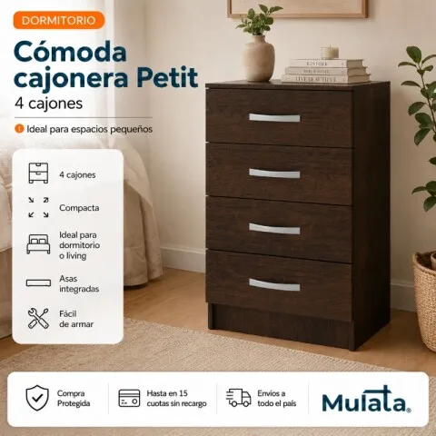 Comoda Cajonera Petit para Dormitorio o Living de 4 Cajones - FE - Marrón en Marrón - Cómodas, Uruguay | Mulata