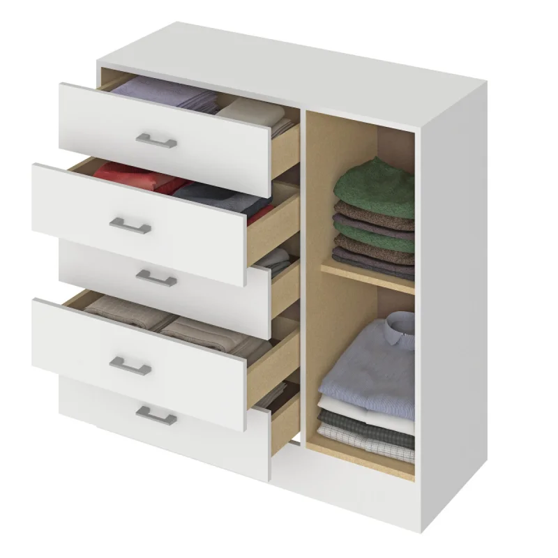 Comoda Cajonera para Dormitorio de 5 Cajones 1 Puerta y 1 Estante interno - FE - Blanco en Blanco - Cómodas, Uruguay | Mulata, vista 3