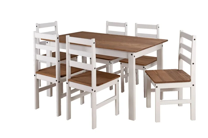 JUEGO DE COMEDOR 6 SILLAS PINO BLANCO 140X80 en Blanco - Mesas de comedor, Uruguay | Alfa Ventas