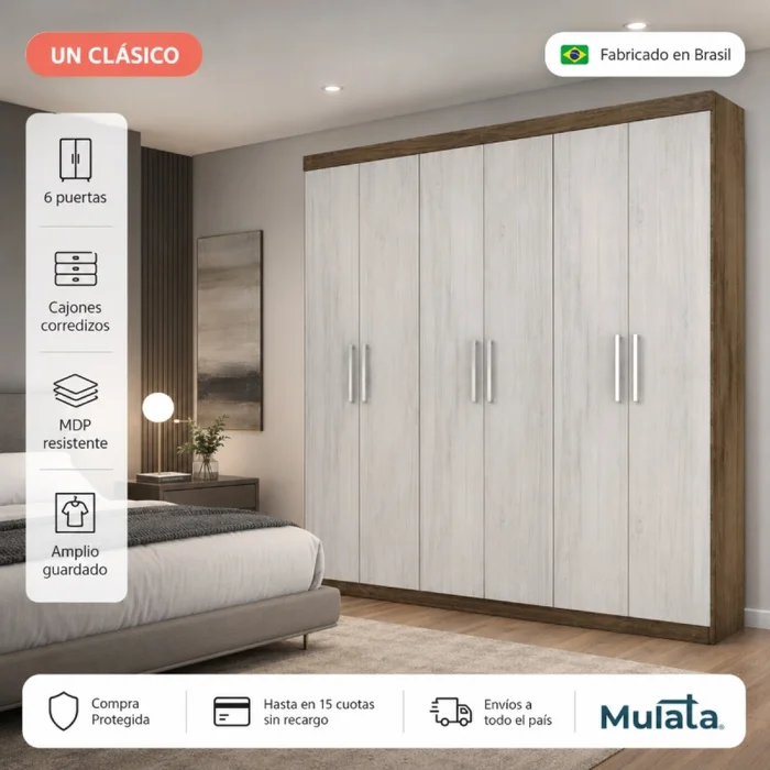 Ropero Armario Placard de 6 Puertas con Cajones Corredizos - MDP - Gris claro en Gris - Roperos y placares, Uruguay | Mulata, vista 2