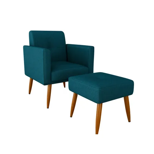 Poltrona Alta Patas De Madera Con Puff Tapizado en Azul - Butacas, banquetas y puffs, Uruguay | Muebles Express