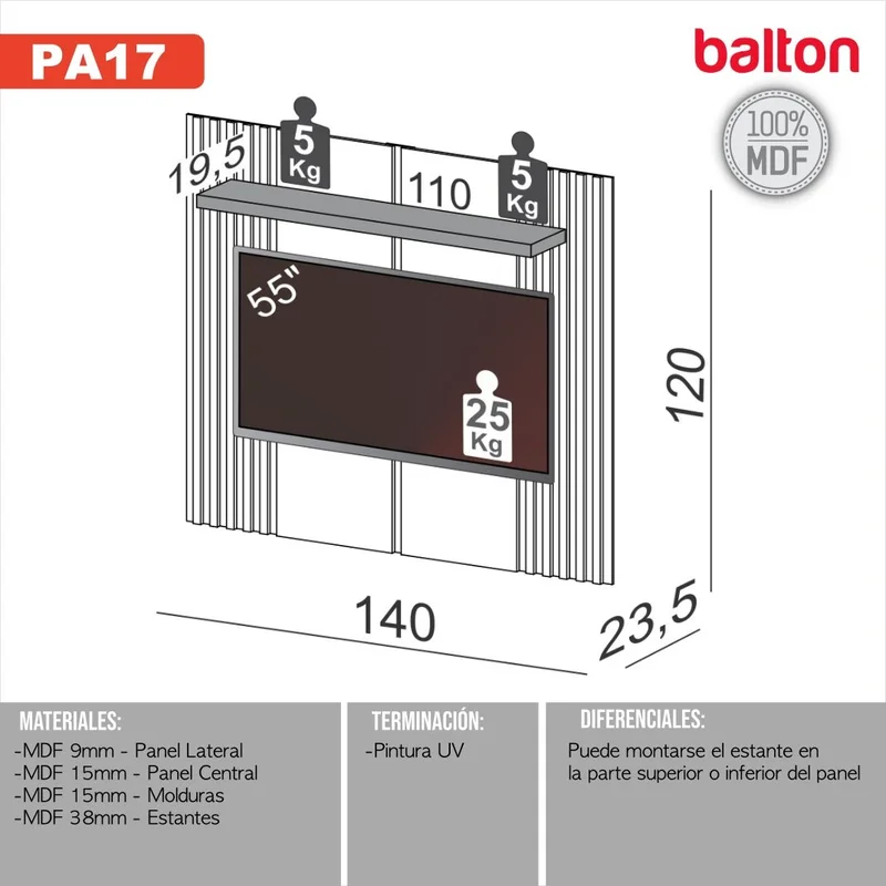 Panel para TV 140cm 55" - 100% MDF en Madera natural - Muebles para TV, Uruguay | Balton, vista 3