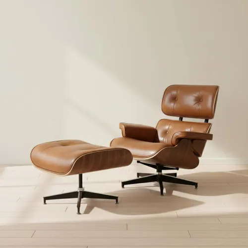 Butaca C/puff 1 Cuerpo Cuero-100-natural Marron Eames Camel en Beige - Sillones y sofás, Uruguay | Divino