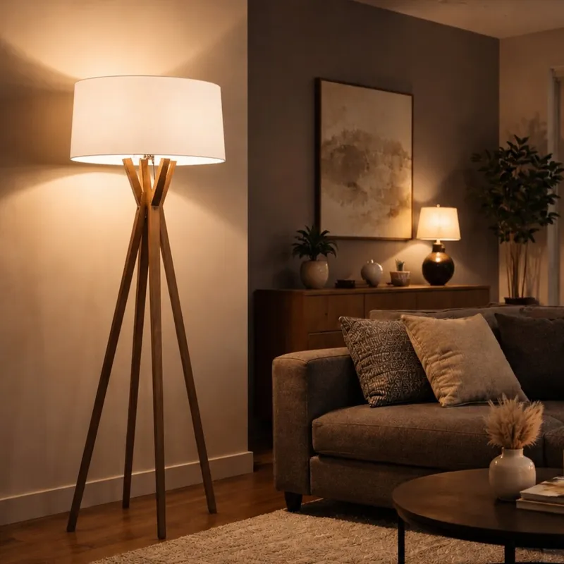 Luminaria de pie pantalla natural y madera E27 147cm en Blanco - Lámparas de pie, Uruguay | Iluminica