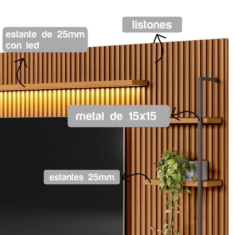 Rack con Panel Ouro Listones de madera y Led 268cm MDF/MDP en Madera natural - Muebles para TV, Uruguay | Balton, vista 6