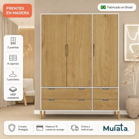 Ropero Armario de 3 Puertas, Perchero y 4 Cajones en MDP - Madera - Línea Melilla - Blanco en Blanco - Roperos y placares, Uruguay | Mulata
