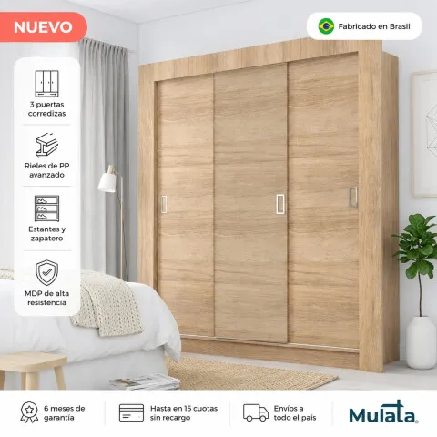 Ropero 3 Puertas Corredizas con Rieles Metálicos, Estantes y Zapatero – 205x170x47 cm - Carvalho - Roperos y placares, Uruguay | Mulata