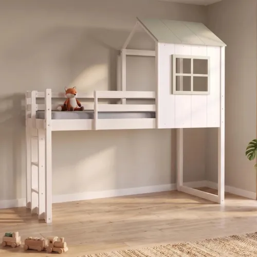 Cama Casita Cabaña 1 Plaza Infantil - Blanco en Blanco - Dormitorio, Uruguay | Ecowood