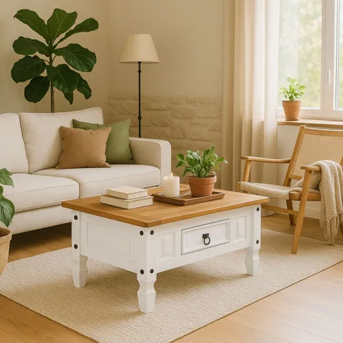 Mesa de living Linea Naturale - Blanco/Roble en Multicolor - Mesas de living, Uruguay | La Cueva Muebles