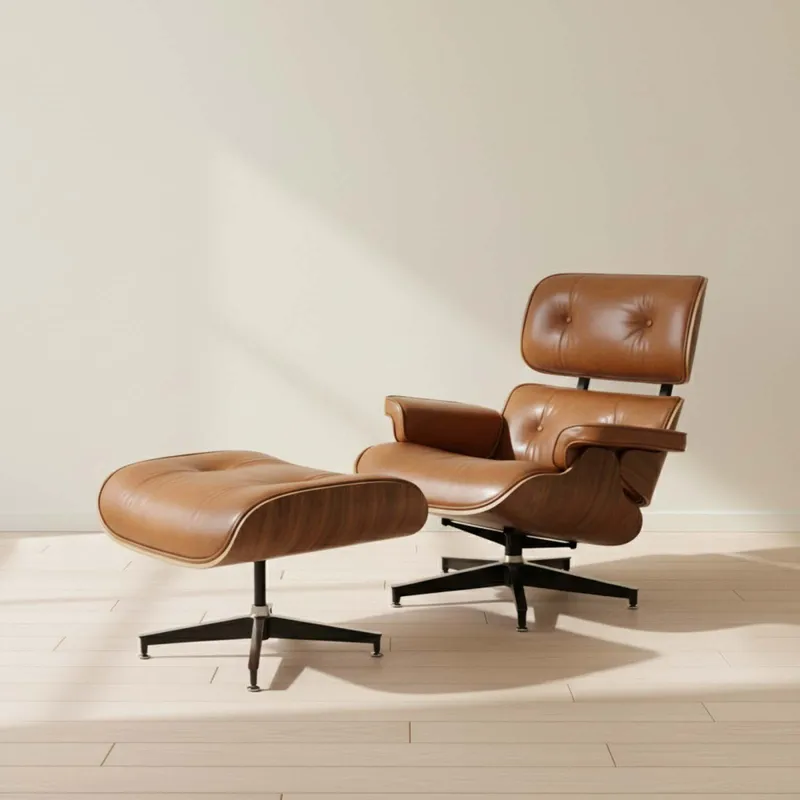 Butaca C/puff 1 Cuerpo Cuero-100-natural Marron Eames Camel en Beige - Sillones y sofás, Uruguay | Divino
