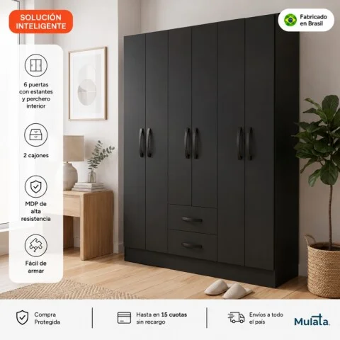 Ropero Placard 6 Puertas 2 Cajones Moderno Ancho 134 cm - Negro en Negro - Roperos y placares, Uruguay | Mulata
