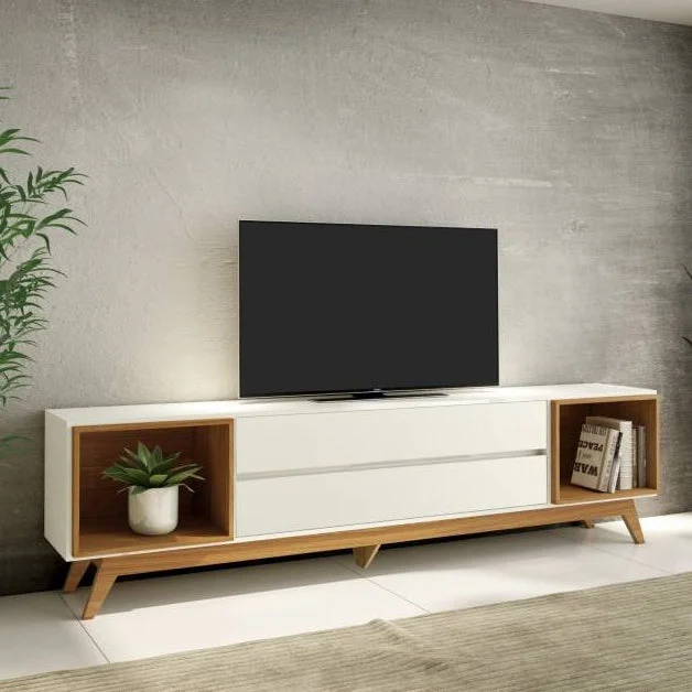 RACK VENEZA 220CM C/2 CAJONES - OFF WHITE 100% MDF en Blanco - Muebles para TV, Uruguay | Balton