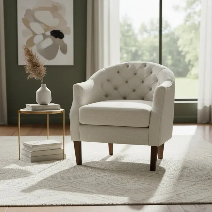 POLTRONA CAPITONEADA - TELA TRAMADA BEIGE en Beige - Butacas, banquetas y puffs, Uruguay | Champagne Home