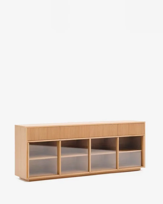 Aparador Helvine 4 puertas y 4 cajones chapa de roble y cristal templado 200x75cm FSC 100% en Marrón - Aparadores y recibidores, Uruguay | Kavehome