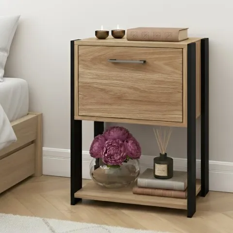 Mesa de Luz Noche Rivoli - Puerta Batiente y Estante Inferior - 45x60cm - Miel / Negro en Multicolor - Respaldos de cama, Uruguay | Mulata