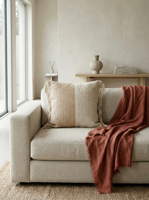 Almohadón Algodón combinado flecos Beige y Tostado cuadrado en Beige - Textiles, Uruguay | Indrana
