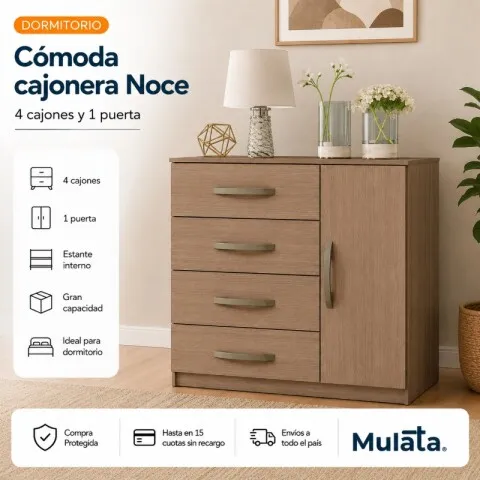 Cómoda Cajonera para Dormitorio de 4 Cajones y 1 Puerta en MDP - Noce en Beige - Cómodas, Uruguay | Mulata