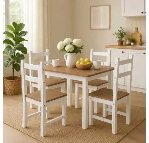 JUEGO COMEDOR OLIVIA 4 SILLAS- CERA/BLANCA en Blanco/Cera - Mesas de comedor, Uruguay | Que Sal Muebleria