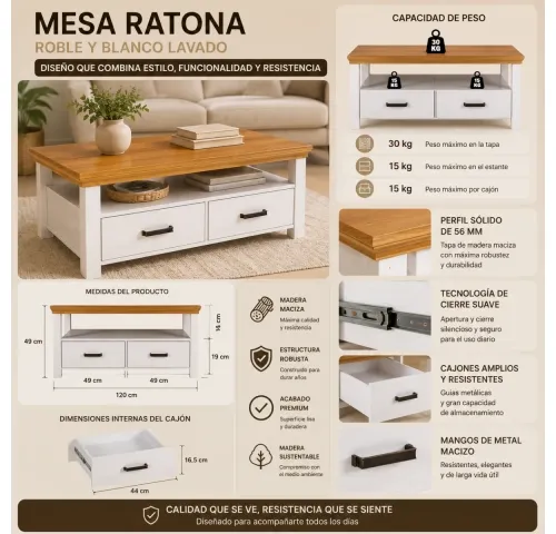 Mesa de centro con nicho y dos cajones en Madera natural - Sillones y sofás, Uruguay | Que Sal Muebleria
