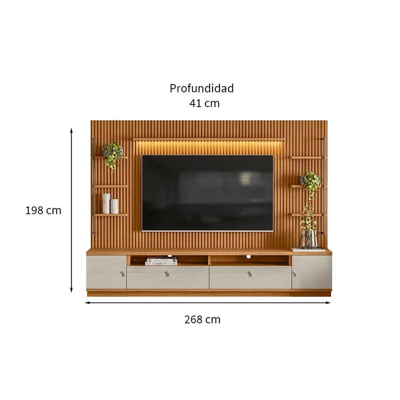Rack con Panel Ouro Listones de madera y Led 268cm MDF/MDP en Madera natural - Muebles para TV, Uruguay | Balton, vista 7