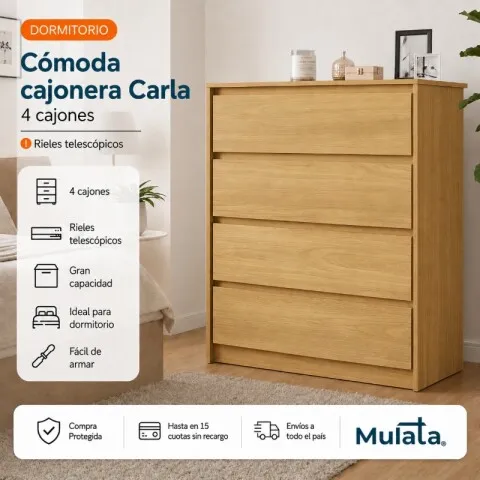 Comoda Cajonera Carla para Dormitorio 4 Cajones con Rieles Telescópicos - Marrocos en Madera natural - Cómodas, Uruguay | Mulata