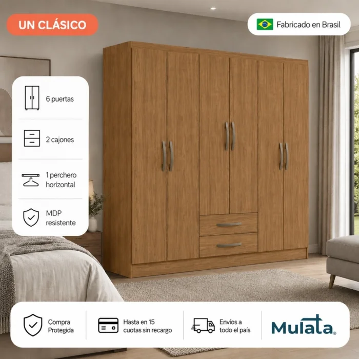Armario Ropero Placard de 6 Puertas Línea Plus con 2 Cajones y Perchero Horizontal - MDP - Freijo en Madera natural - Roperos y placares, Uruguay | Mulata, vista 2