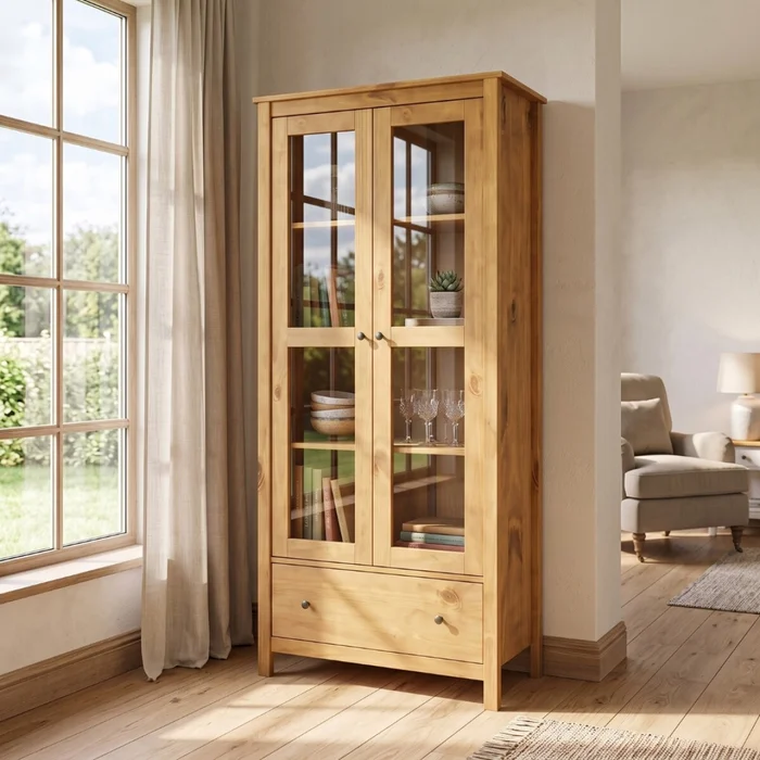 Cristalero 2 Puertas 1 Cajón Material Natural - Mari - Miel en Madera natural - Aparadores y recibidores, Uruguay | Rústico Hogar