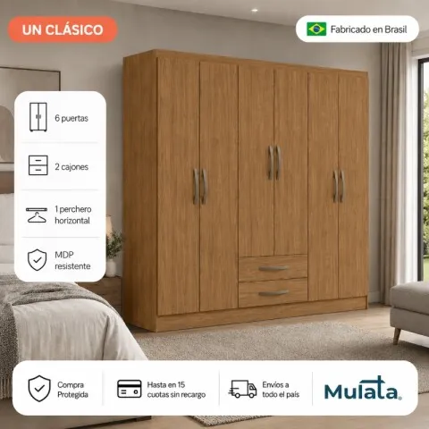 Armario Ropero Placard de 6 Puertas Línea Plus con 2 Cajones y Perchero Horizontal - MDP - Freijo en Madera natural - Roperos y placares, Uruguay | Mulata