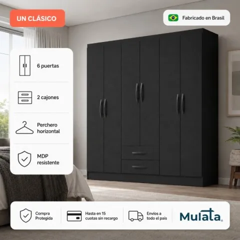 Armario Ropero Placard de 6 Puertas Línea Plus con 2 Cajones y Perchero Horizontal - MDP - Negro en Negro - Roperos y placares, Uruguay | Mulata
