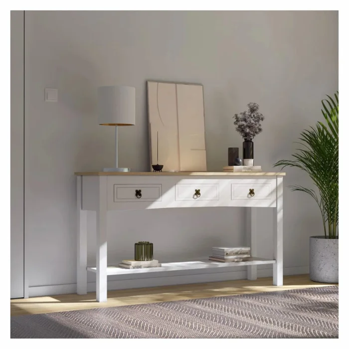 Mesa De Arrime 3 Cajones Aparador Madera Maciza Línea Monterrey Blanco en Blanco - Mesas de arrimo, Uruguay | Ecowood, vista 2