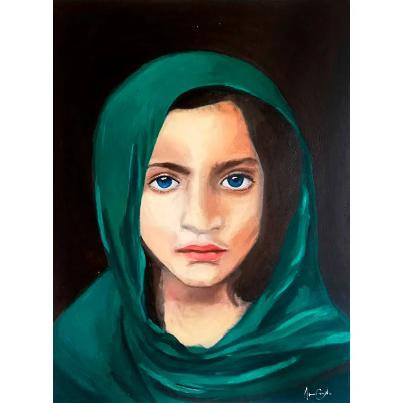Oleo Niña Afgana retrato 60x80 en Verde - Decoración de pared, Uruguay | Alta Gracia Deco