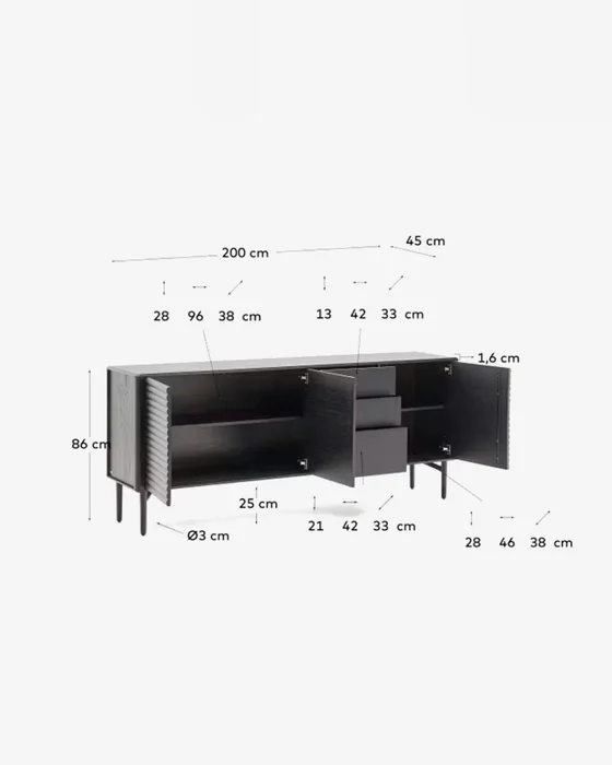 Aparador Lenon - 3 puertas y 3 cajones madera maciza y chapa roble negro 200x86cm FSC Mix Crédito en Negro - Aparadores y recibidores, Uruguay | Kavehome, vista 8