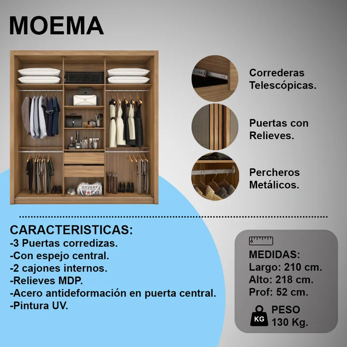 Ropero 3 Puertas Corredizas 2 Cajones Espejo Central Moderno - Roperos y placares, Uruguay | Soy Hogar, vista 2