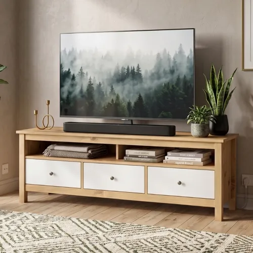 Rack TV 3 Cajones Madera Natural - Mari - Blanco en Blanco - Muebles para TV, Uruguay | Rústico Hogar