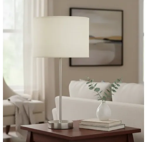 Lampara de mesa cromada E27 Plateada con pantalla, Uruguay | Que Sal Muebleria