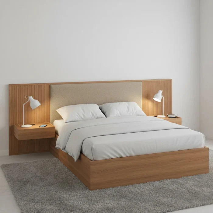 Respaldo Queen con mesa de luz Tapizado - Nordik - Marrón en Madera natural - Respaldos de cama, Uruguay | Ecowood, vista 2