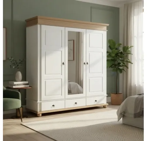 Ropero 3P,3C con espejo en madera maciza en Acabado: Pintura UV Washed White (Blanco lavado) - Escritorios, Uruguay | Que Sal Muebleria