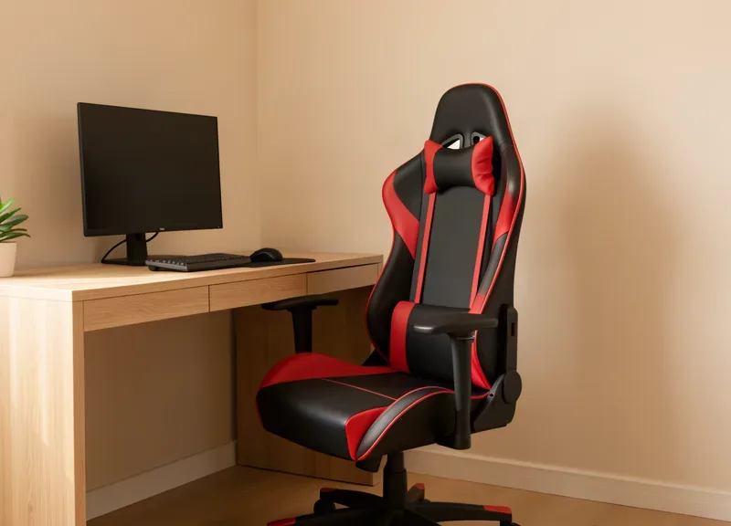 Silla gamer roja y negra reclinable en un rincón de home office con escritorio y monitor