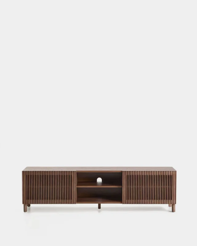 Mueble TV Beyla 2 puertas de chapa y madera maciza de fresno con acabado tono nogal 180 x 49,5 cm en Marrón - Muebles para TV, Uruguay | Kavehome, vista 6