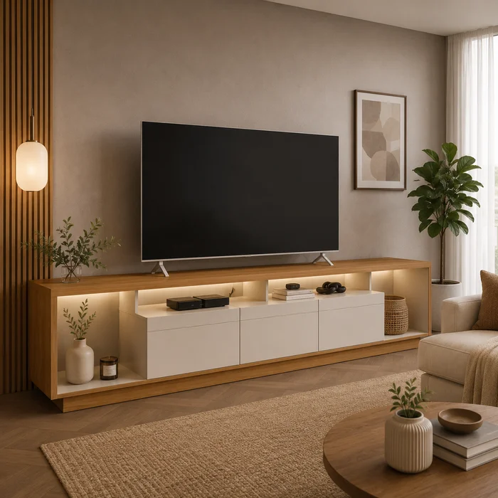 Rack tv Sala Cronos 220cm con tira Led MDF/MDP en Madera natural - Muebles para TV, Uruguay | Balton