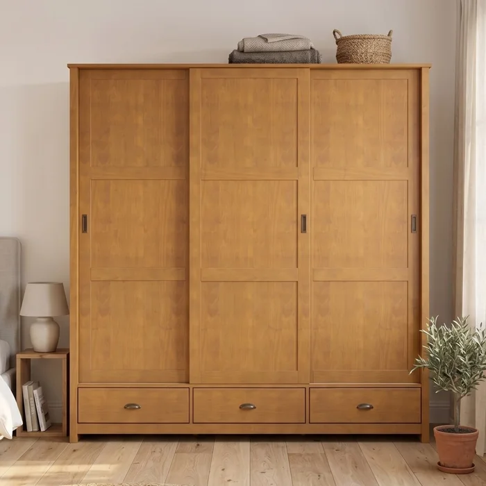 Ropero 3 puertas corredizas 3 cajones - Madera maciza - Marron en Marrón - Roperos y placares, Uruguay | Rústico Hogar