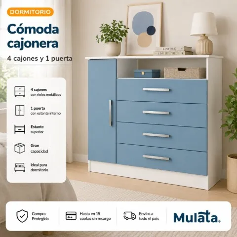 Cómoda cajonera 4 cajones 1 puerta 93x38x91 - Blanco / Celeste en Multicolor - Cómodas, Uruguay | Mulata
